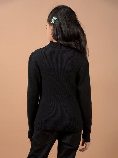 Black Jacquard High Neck Sweater-Girls Sweaters-Crimsoune Club