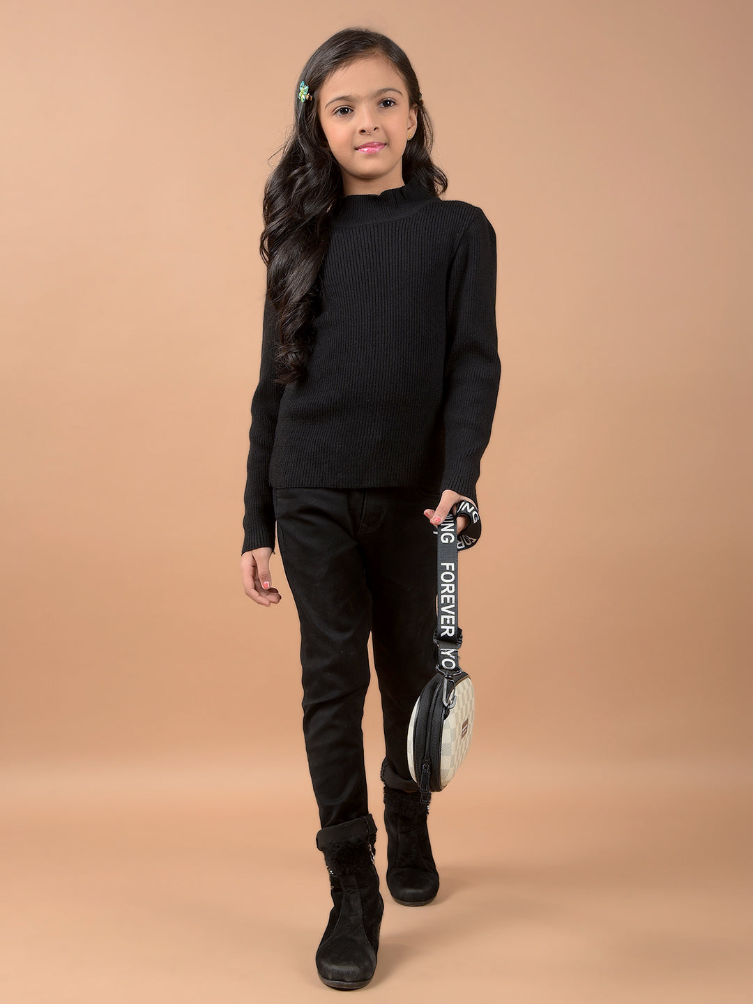 Black Jacquard High Neck Sweater-Girls Sweaters-Crimsoune Club