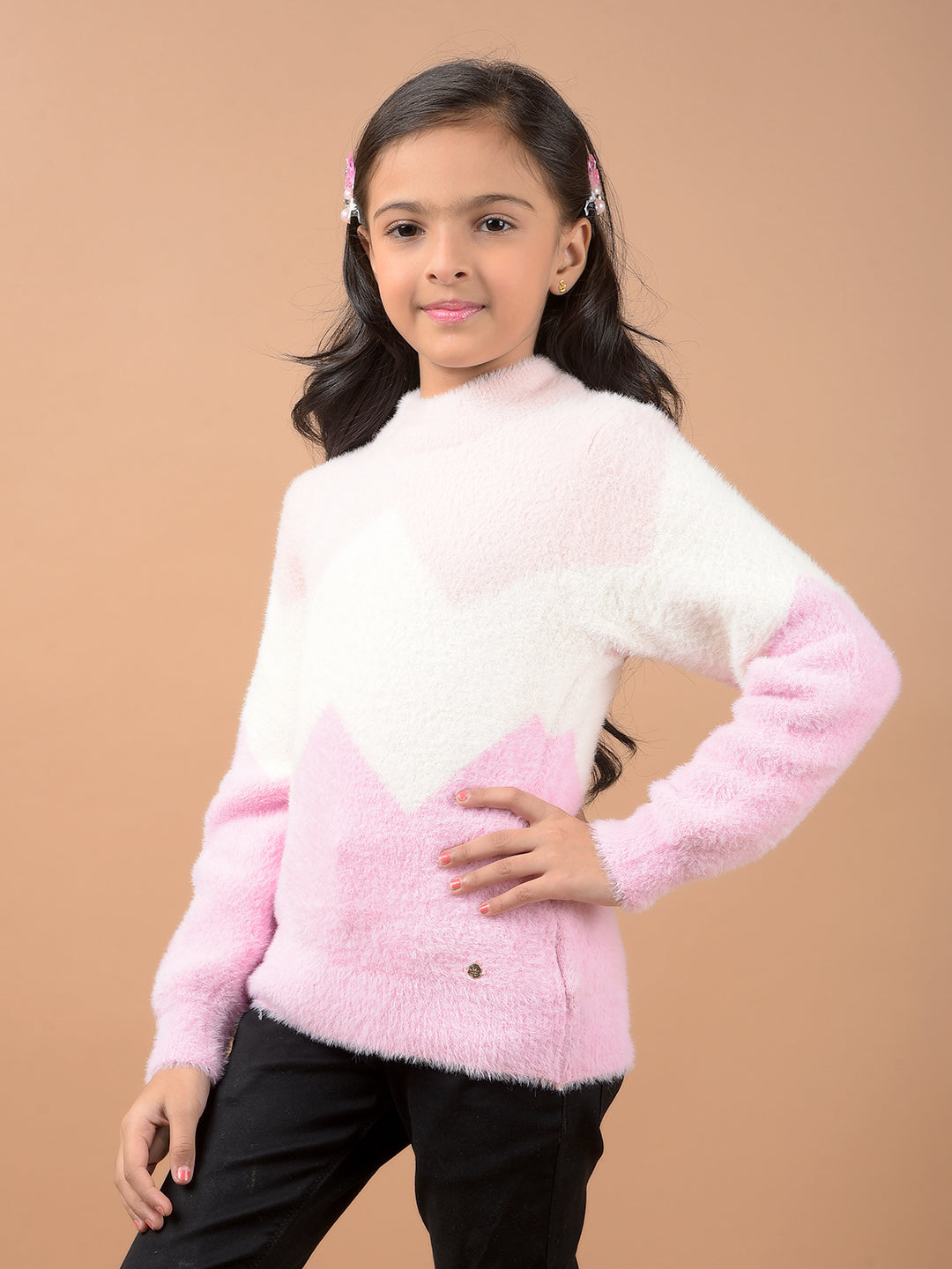 Pink Color-Block Sweater-Girls Sweaters-Crimsoune Club