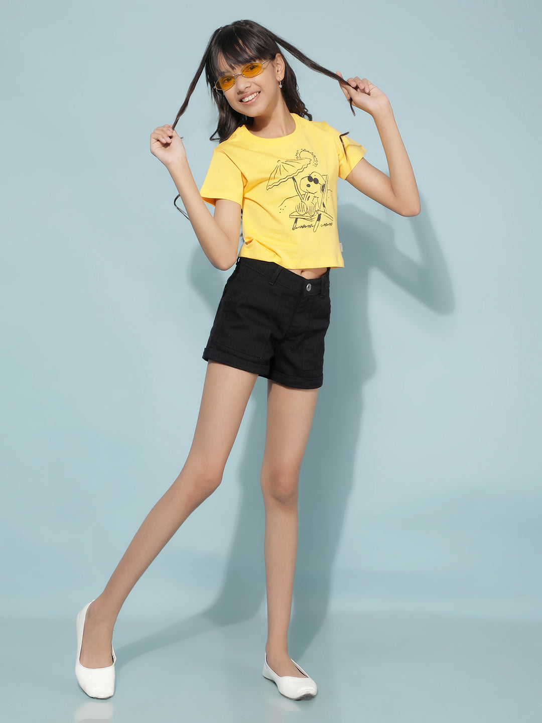 Yellow Graphic Print T-Shirt-Girls T-Shirts-Crimsoune Club