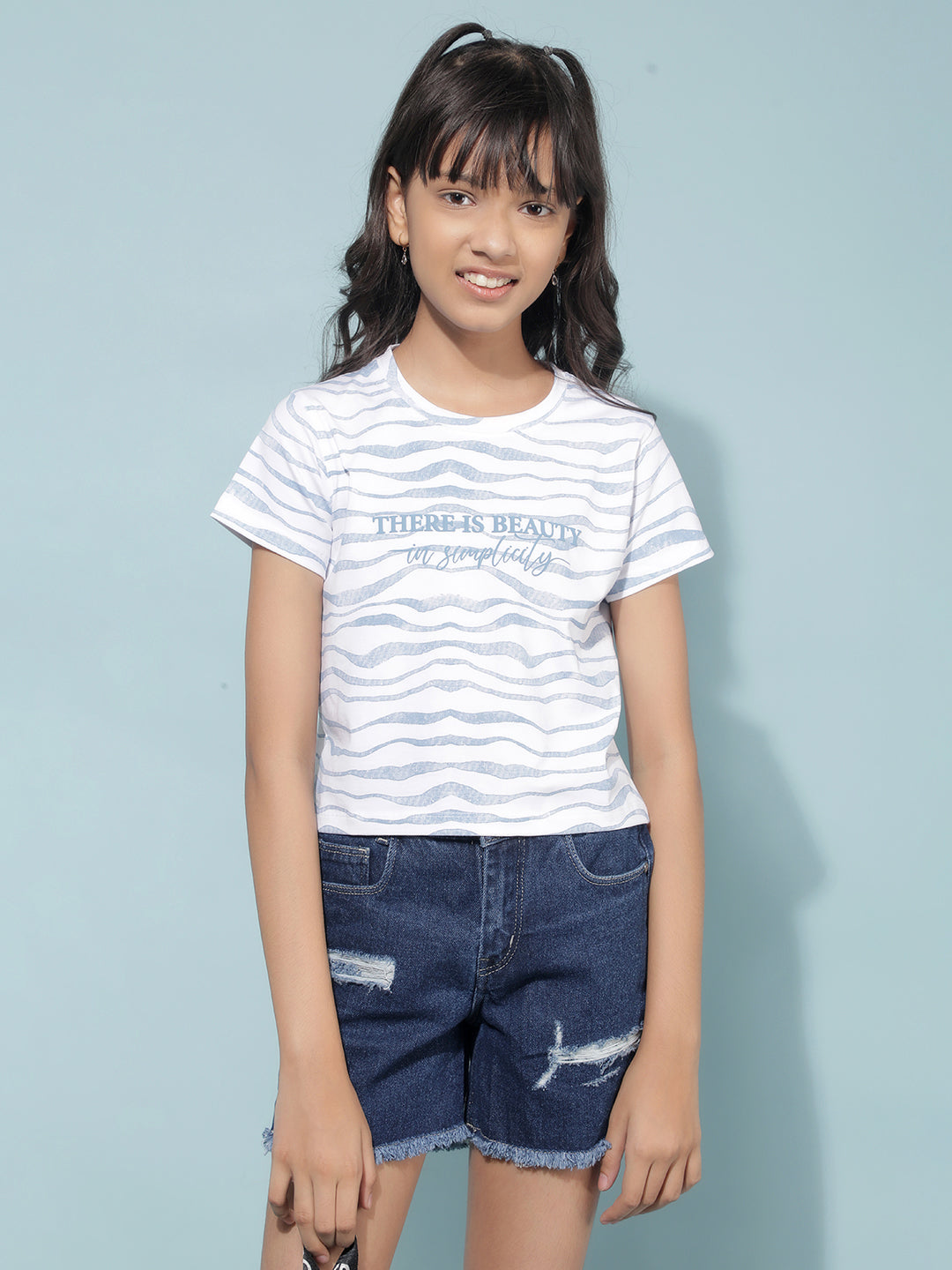 Blue Typographic Print T-Shirt-Girls T-Shirts-Crimsoune Club