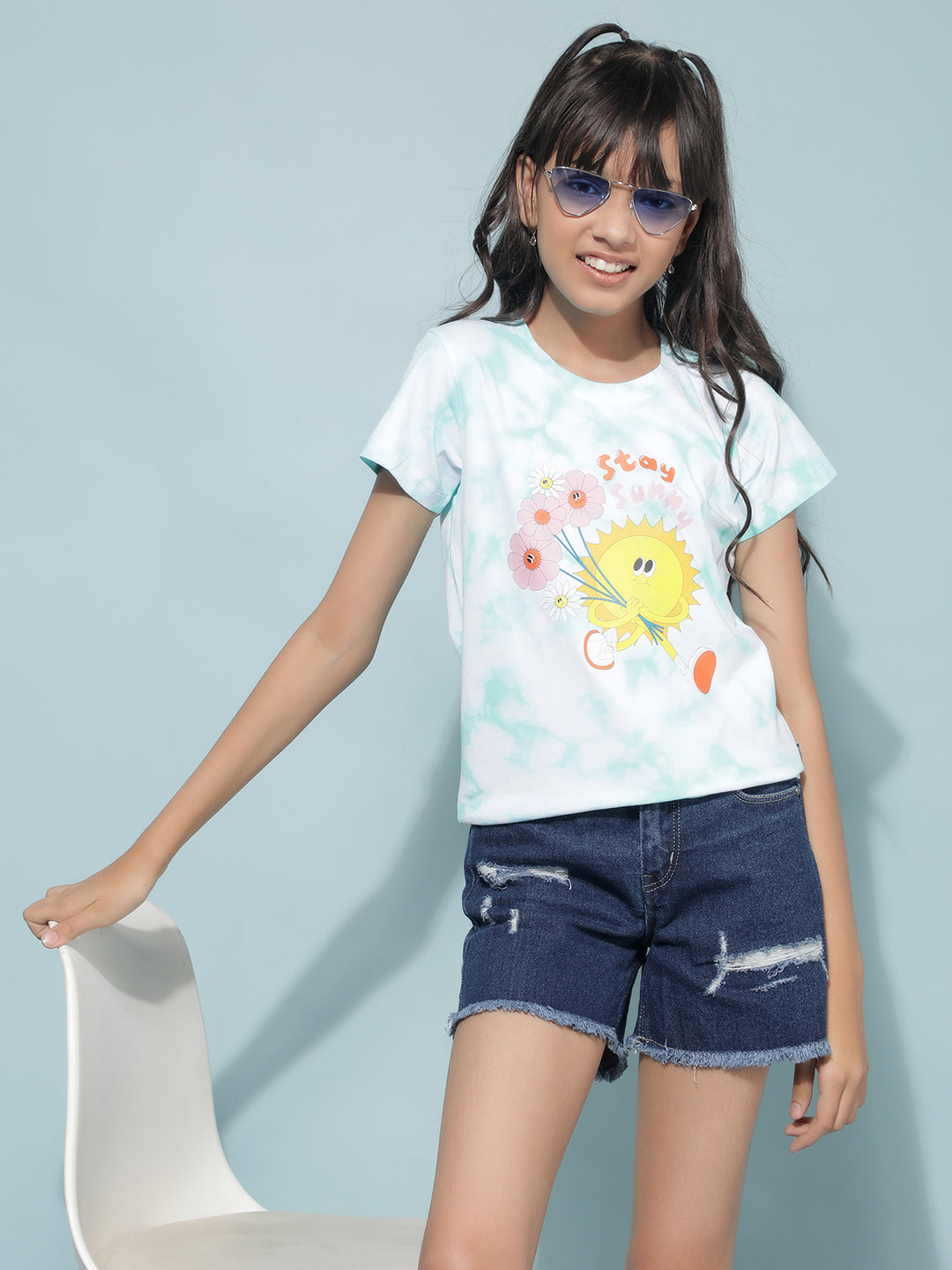 Blue Graphic Print T-Shirt-Girls T-Shirts-Crimsoune Club