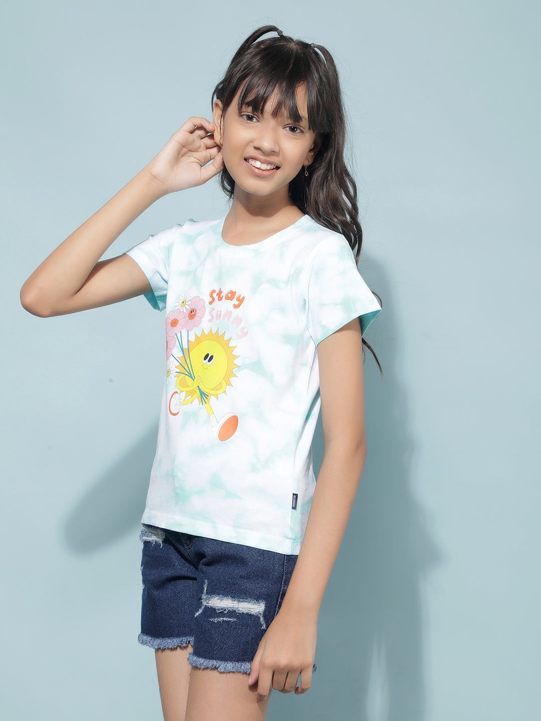 Blue Graphic Print T-Shirt-Girls T-Shirts-Crimsoune Club