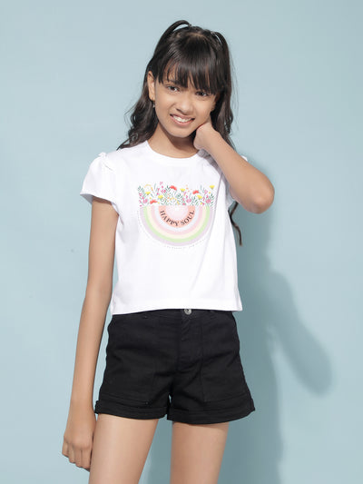 White Graphic Print Crop Length T-Shirt-Girls T-Shirts-Crimsoune Club