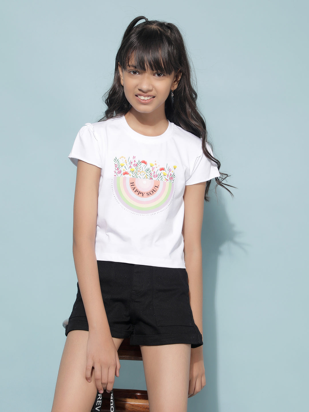 White Graphic Print Crop Length T-Shirt-Girls T-Shirts-Crimsoune Club