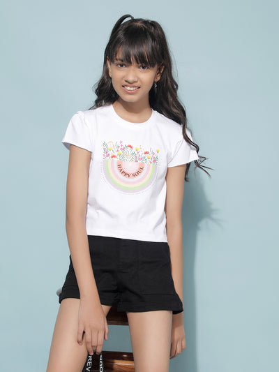 White Graphic Print Crop Length T-Shirt-Girls T-Shirts-Crimsoune Club