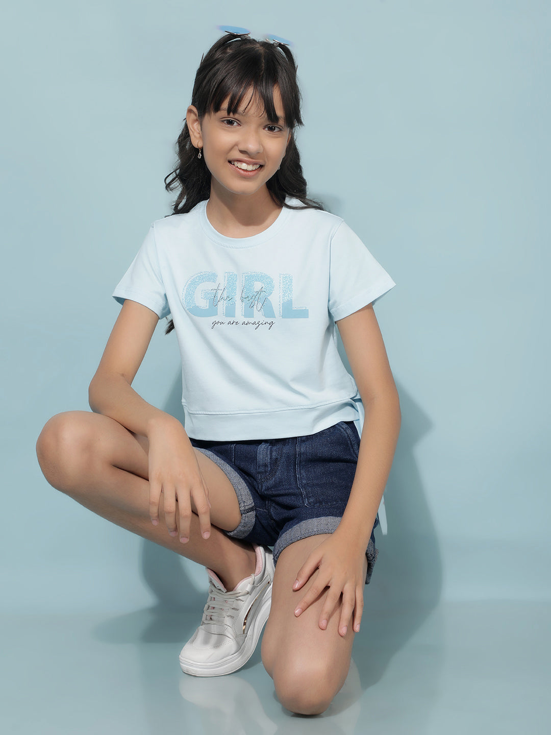 Blue Graphic Print Crop Length T-Shirt-Girls T-Shirts-Crimsoune Club