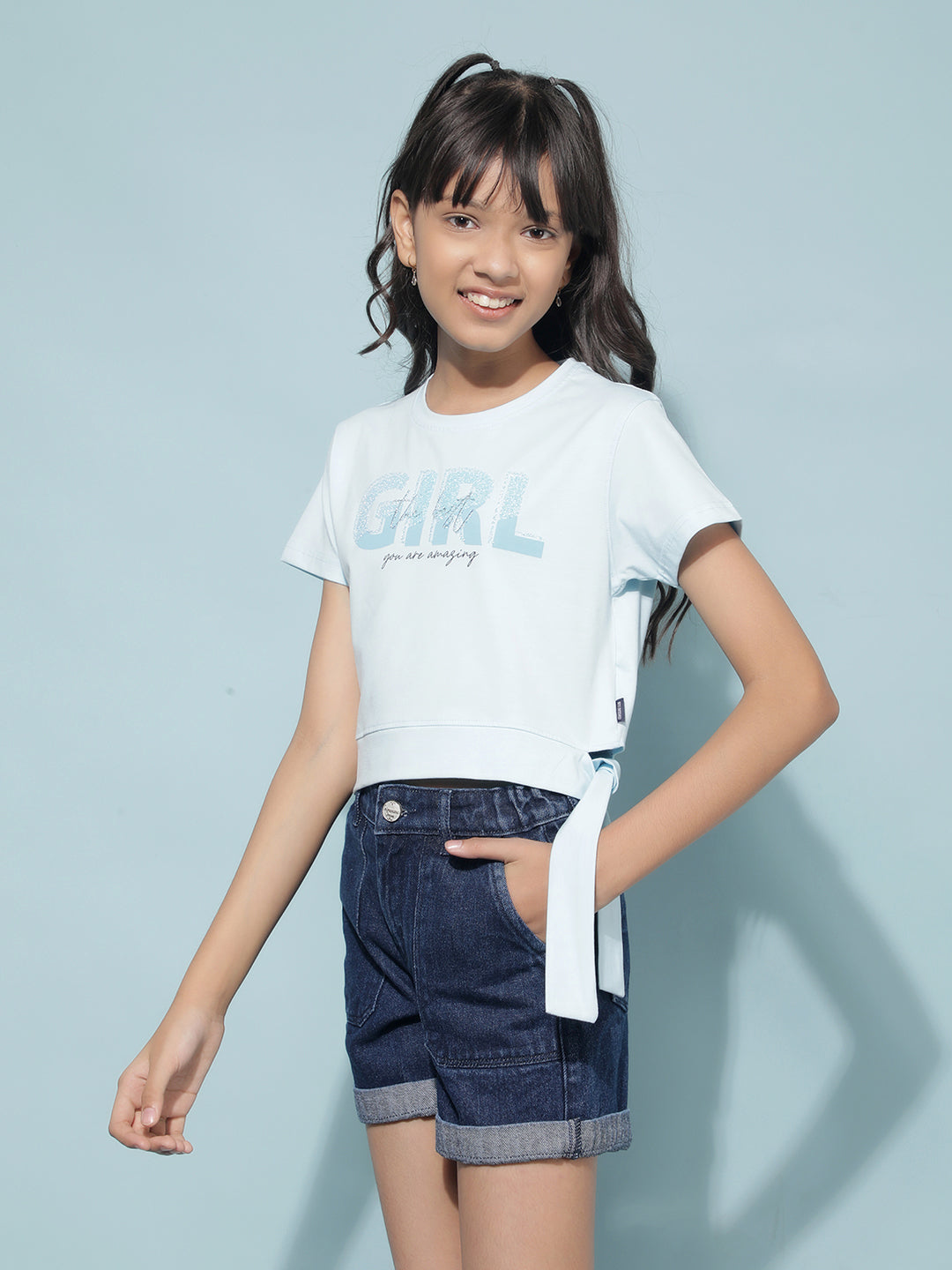 Blue Graphic Print Crop Length T-Shirt-Girls T-Shirts-Crimsoune Club