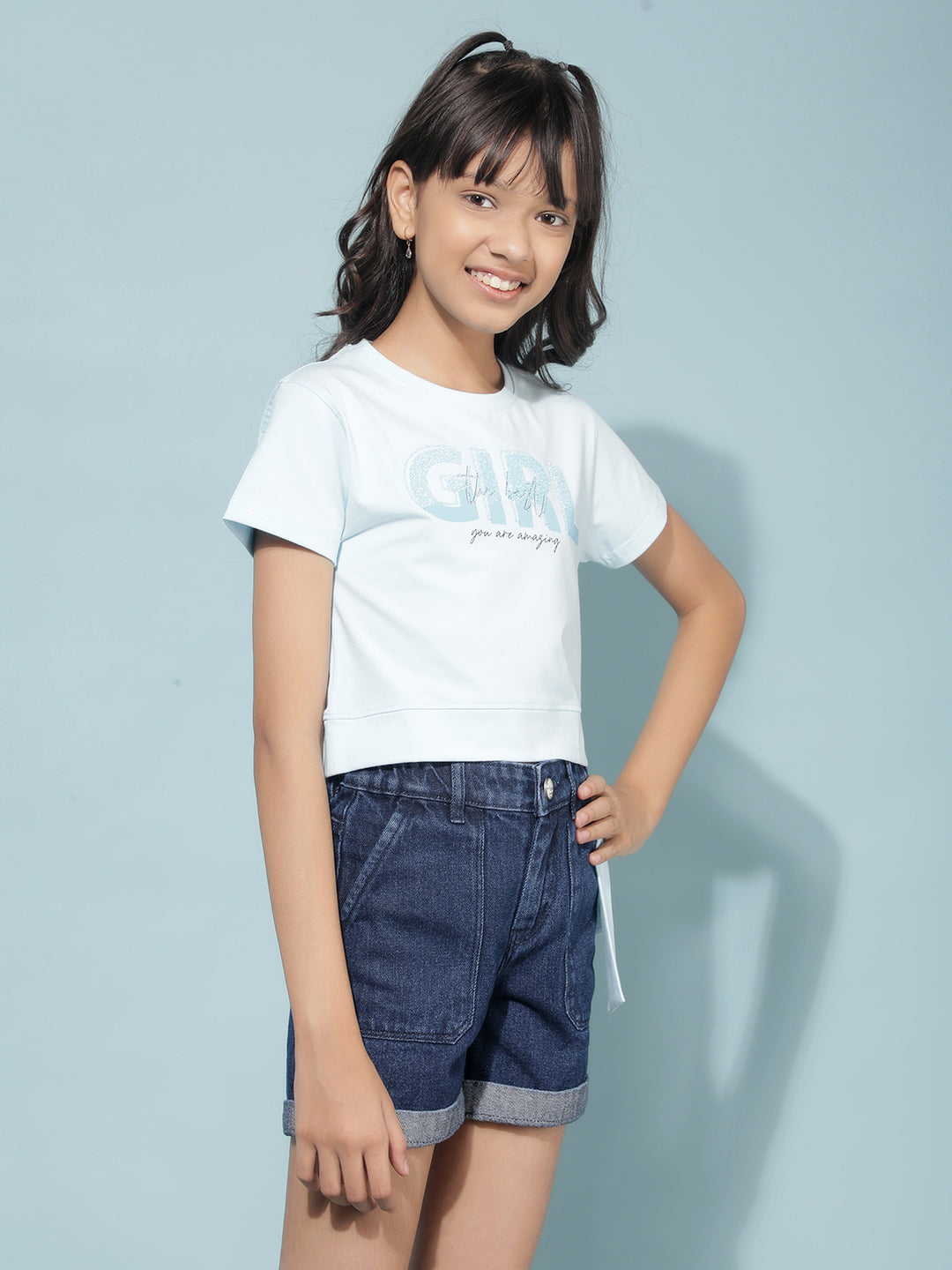 Blue Graphic Print Crop Length T-Shirt-Girls T-Shirts-Crimsoune Club