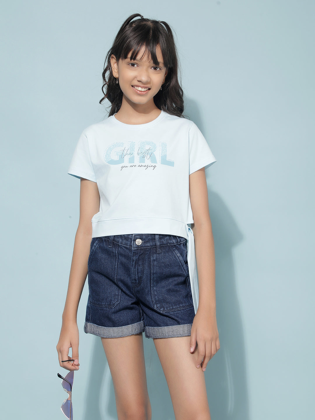 Blue Graphic Print Crop Length T-Shirt-Girls T-Shirts-Crimsoune Club