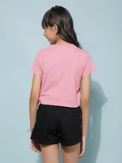 Pink Graphic Print Crop Length T-Shirt-Girls T-Shirts-Crimsoune Club