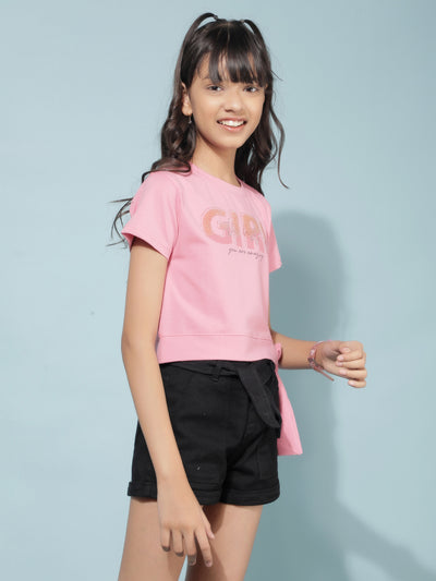 Pink Graphic Print Crop Length T-Shirt-Girls T-Shirts-Crimsoune Club