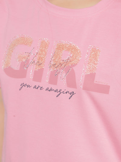 Pink Graphic Print Crop Length T-Shirt-Girls T-Shirts-Crimsoune Club