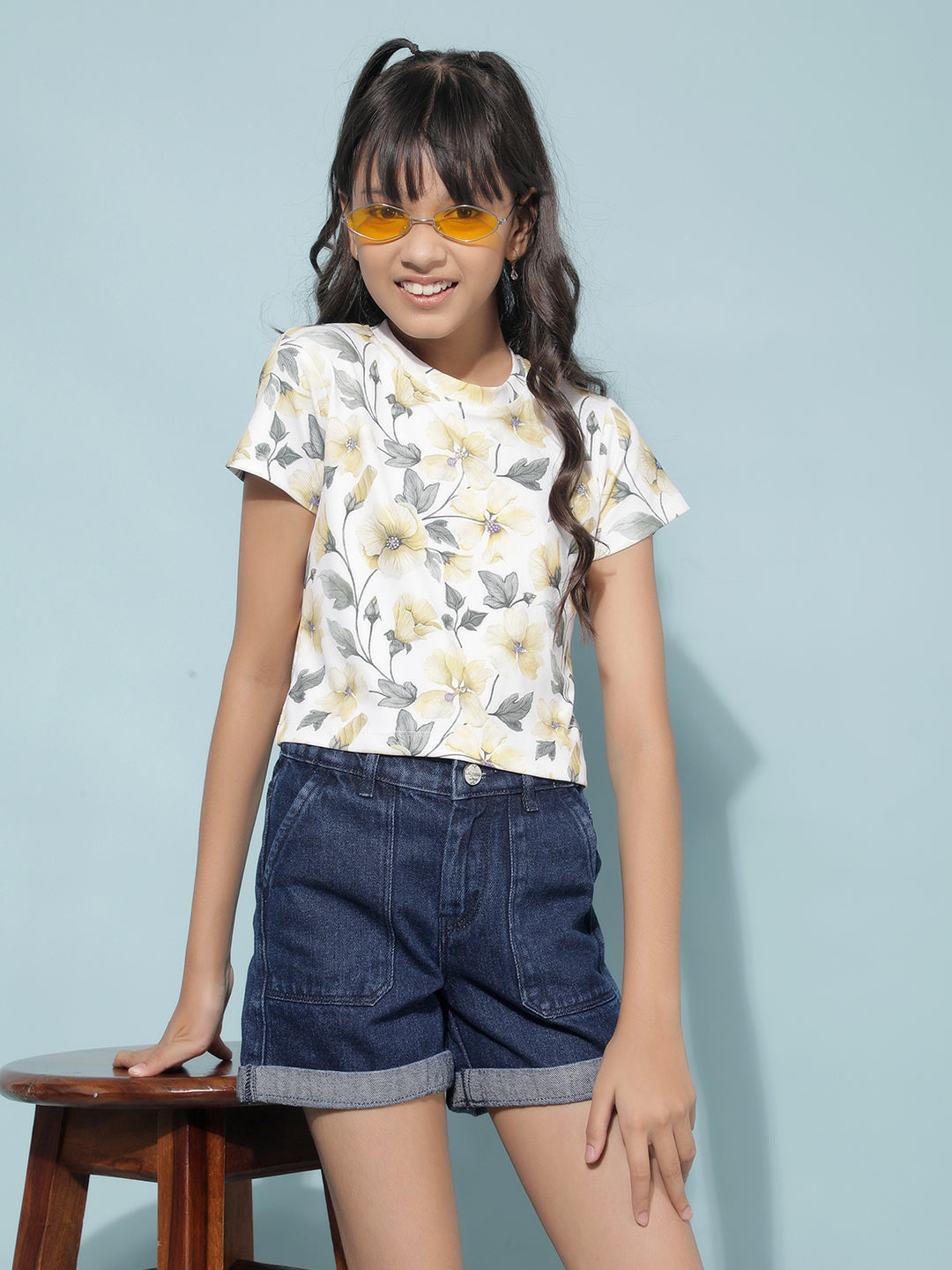 Yellow Floral Print Crop Length T-Shirt-Girls T-Shirts-Crimsoune Club