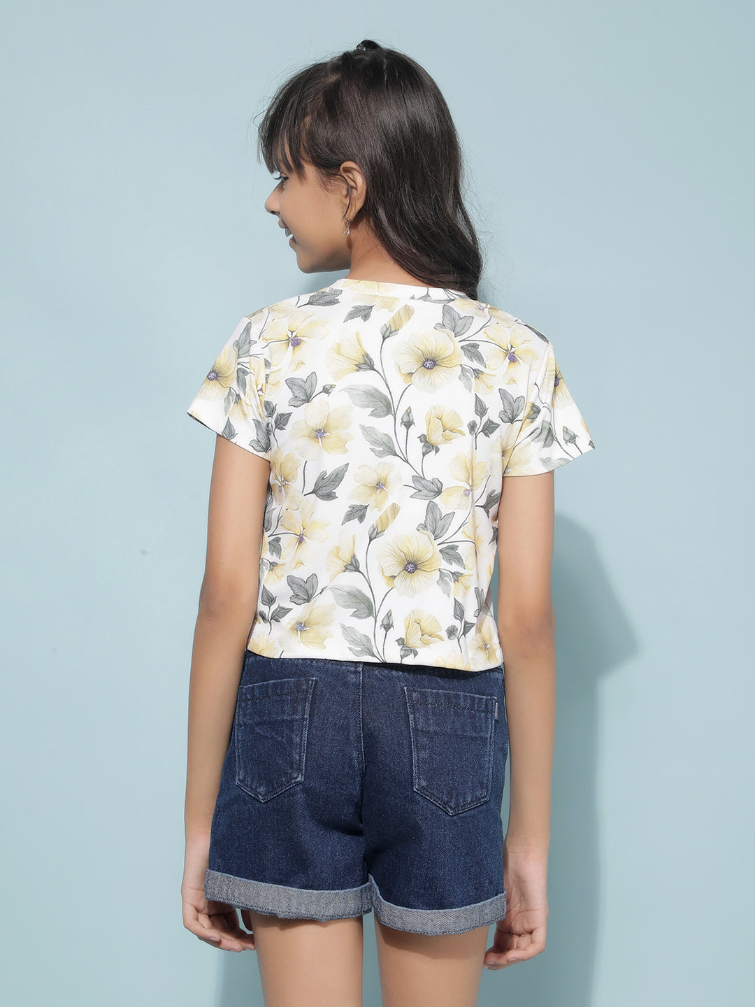 Yellow Floral Print Crop Length T-Shirt-Girls T-Shirts-Crimsoune Club