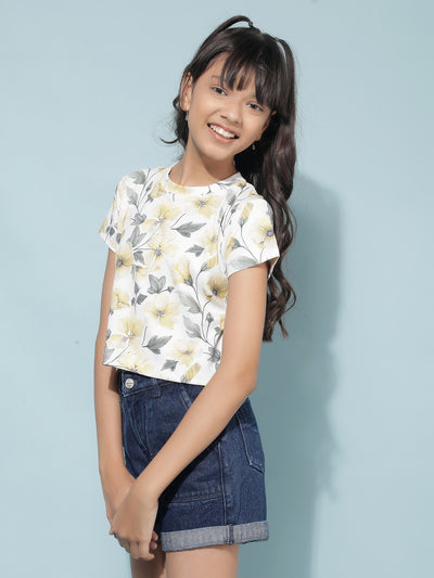 Yellow Floral Print Crop Length T-Shirt-Girls T-Shirts-Crimsoune Club