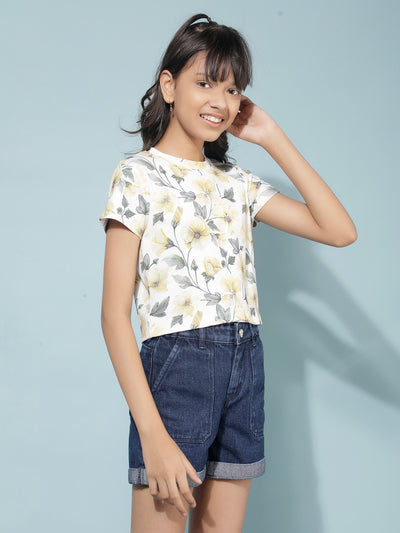 Yellow Floral Print Crop Length T-Shirt-Girls T-Shirts-Crimsoune Club