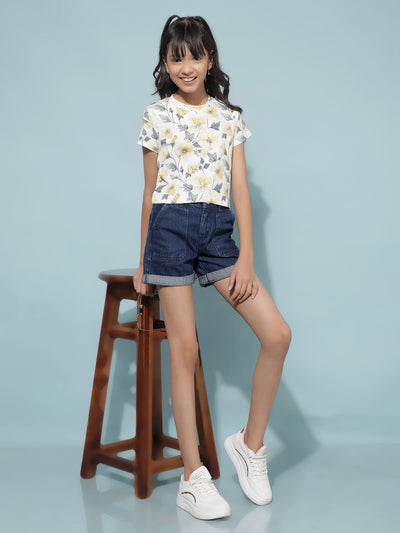 Yellow Floral Print Crop Length T-Shirt-Girls T-Shirts-Crimsoune Club