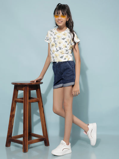 Yellow Floral Print Crop Length T-Shirt-Girls T-Shirts-Crimsoune Club