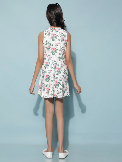 Off White Floral Print A-Line Dress-Girls Dresses-Crimsoune Club