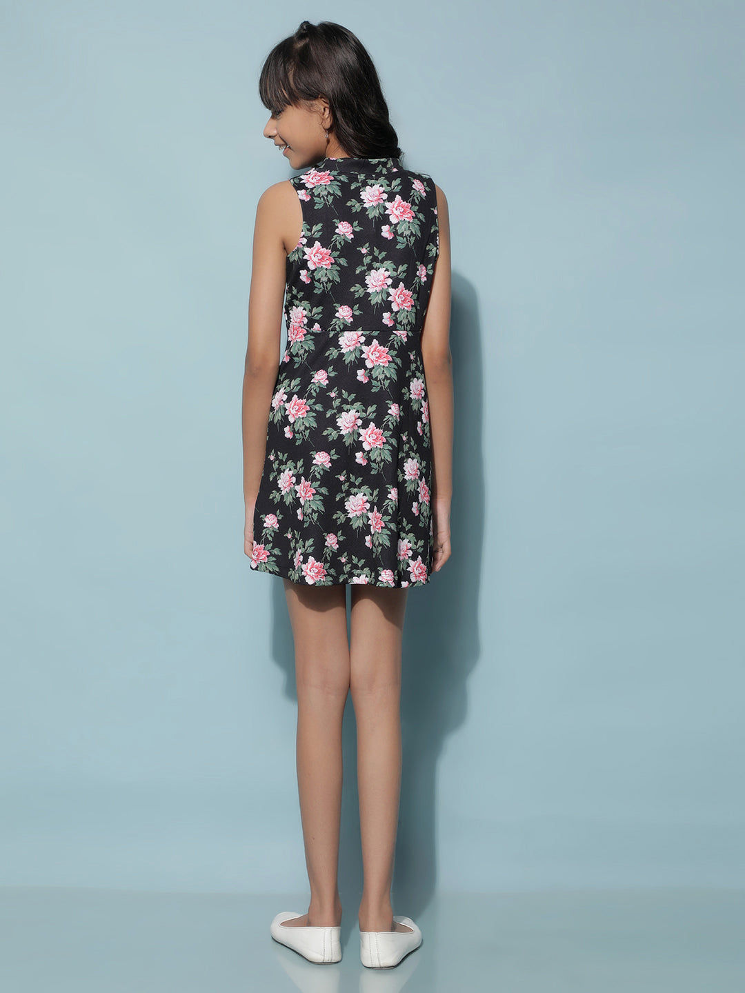 Black Floral Print A-Line Dress-Girls Dresses-Crimsoune Club