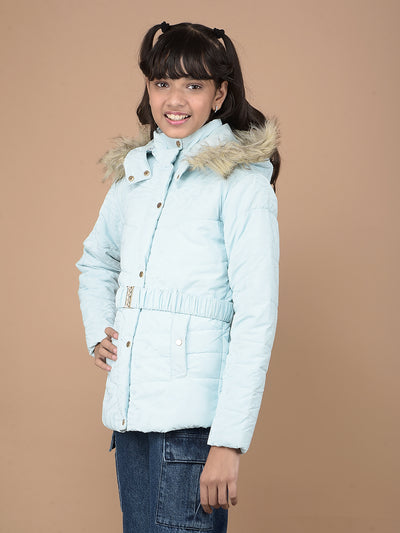 Blue Printed Hooded Neck Puffer Jacket