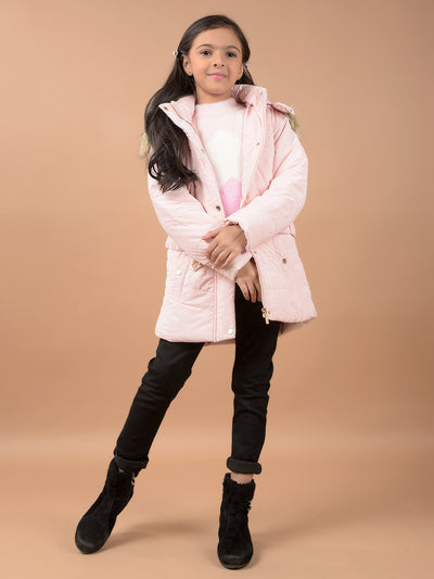 Peach Hooded Neck Padded Jacket-Girls Jackets-Crimsoune Club