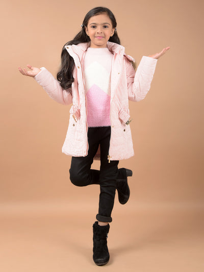 Peach Hooded Neck Padded Jacket-Girls Jackets-Crimsoune Club