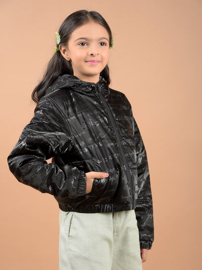 Black Typographic Print Hooded Neck Padded Jacket-Girls Jackets-Crimsoune Club