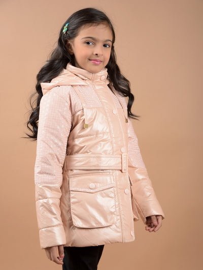 Peach Hooded Neck Padded Jacket-Girls Jackets-Crimsoune Club