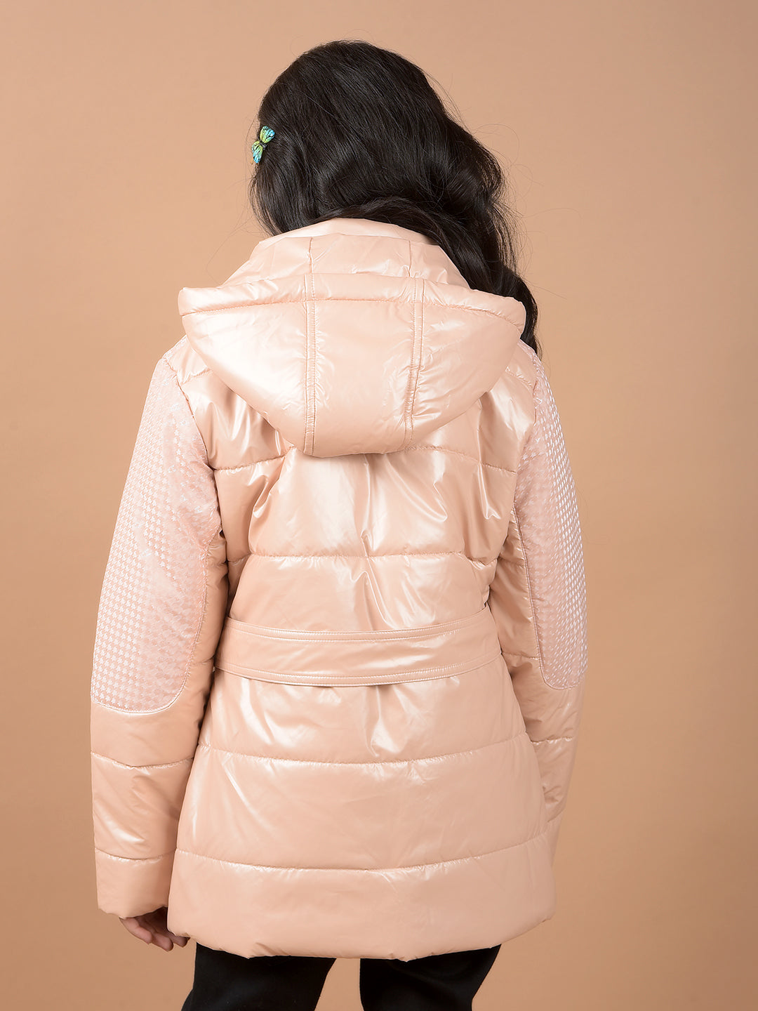 Peach Hooded Neck Padded Jacket-Girls Jackets-Crimsoune Club