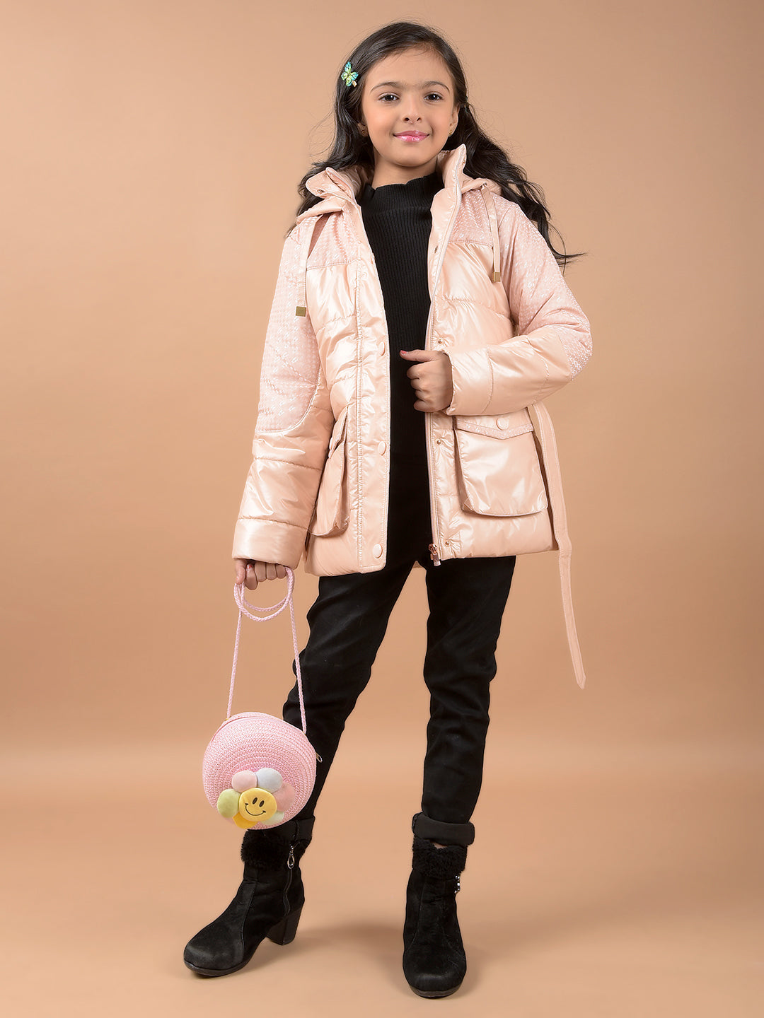 Peach Hooded Neck Padded Jacket-Girls Jackets-Crimsoune Club