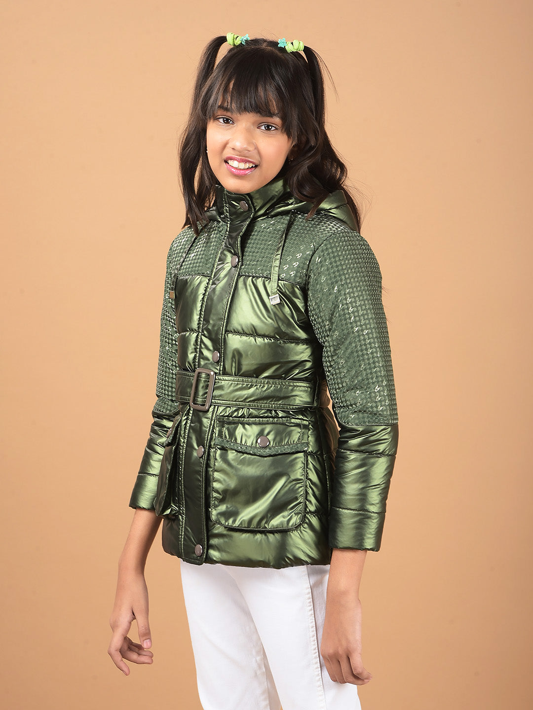 Olive Hooded Neck Padded Jacket-Girls Jackets-Crimsoune Club