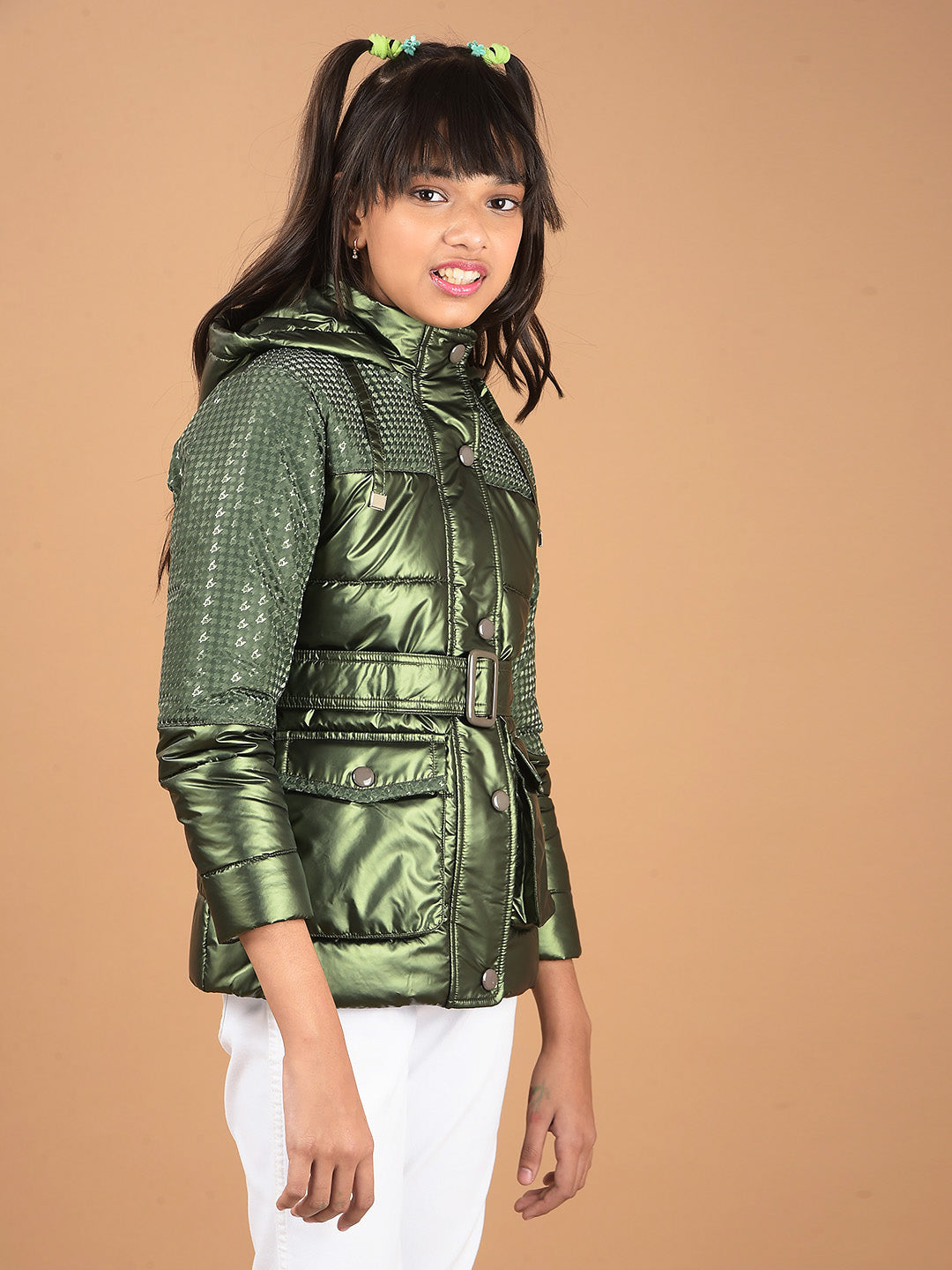 Olive Hooded Neck Padded Jacket-Girls Jackets-Crimsoune Club