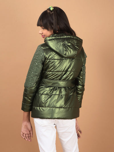 Olive Hooded Neck Padded Jacket-Girls Jackets-Crimsoune Club