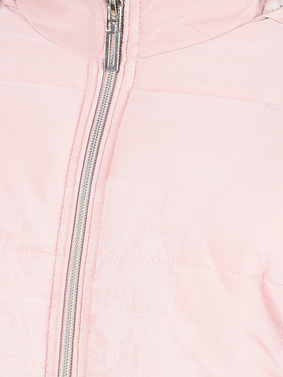 Pink Printed Hooded Neck Puffer Jacket