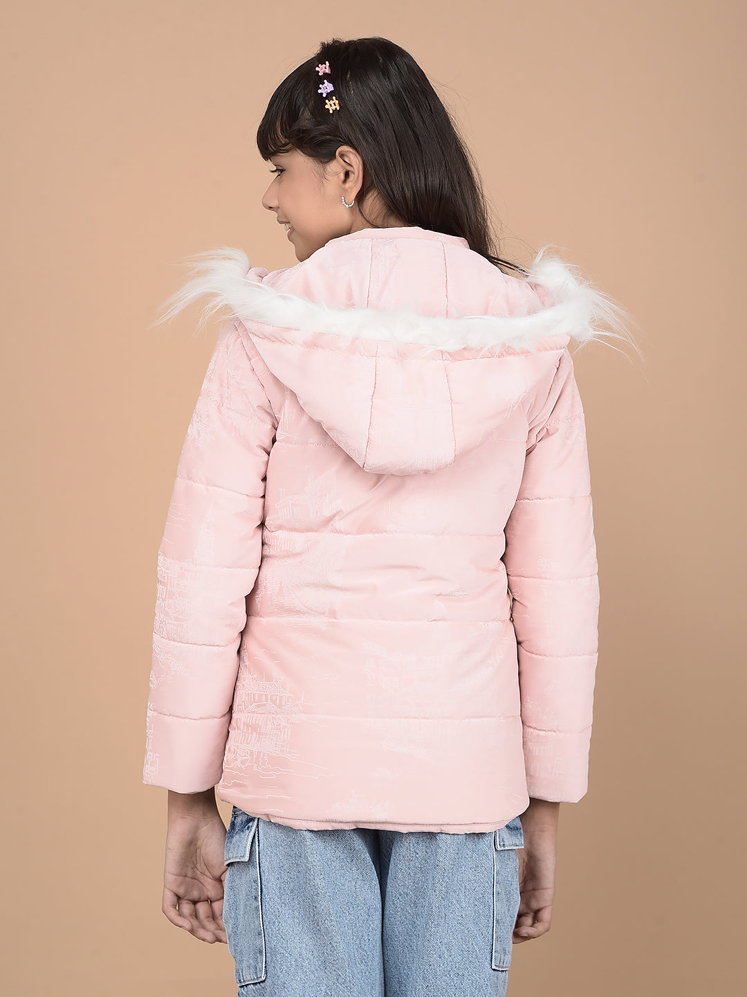 Pink Printed Hooded Neck Puffer Jacket