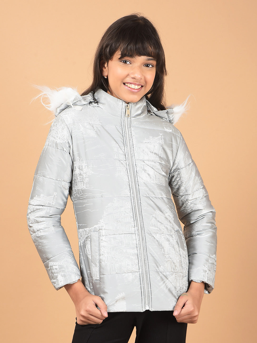 Grey Printed Hooded Neck Padded Jacket-Girls Jackets-Crimsoune Club