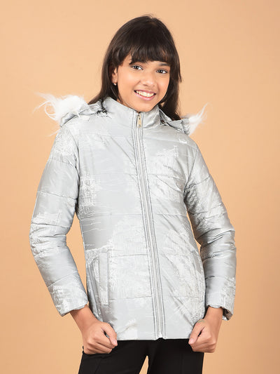 Grey Printed Hooded Neck Padded Jacket-Girls Jackets-Crimsoune Club