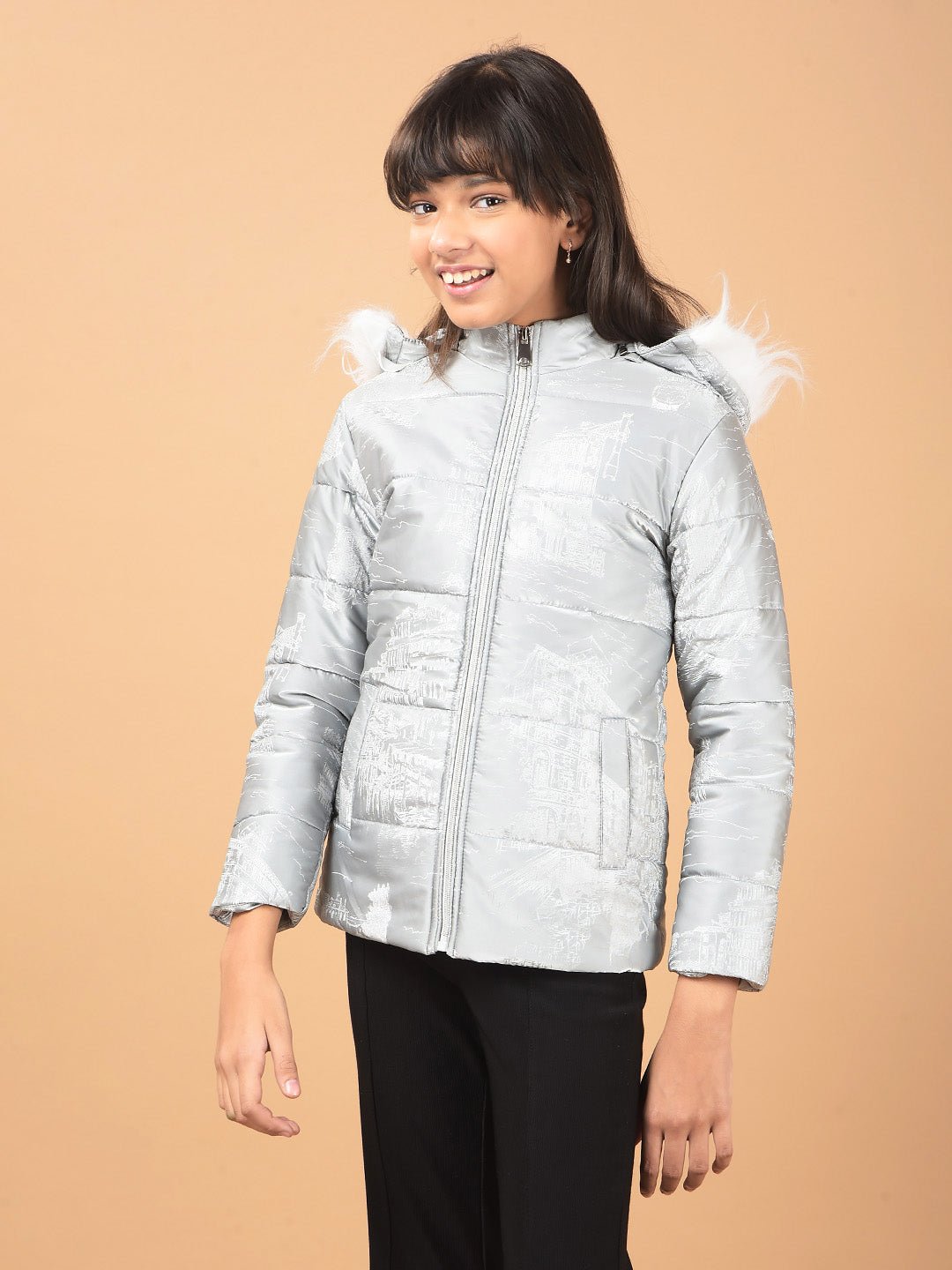 Grey Printed Hooded Neck Padded Jacket-Girls Jackets-Crimsoune Club