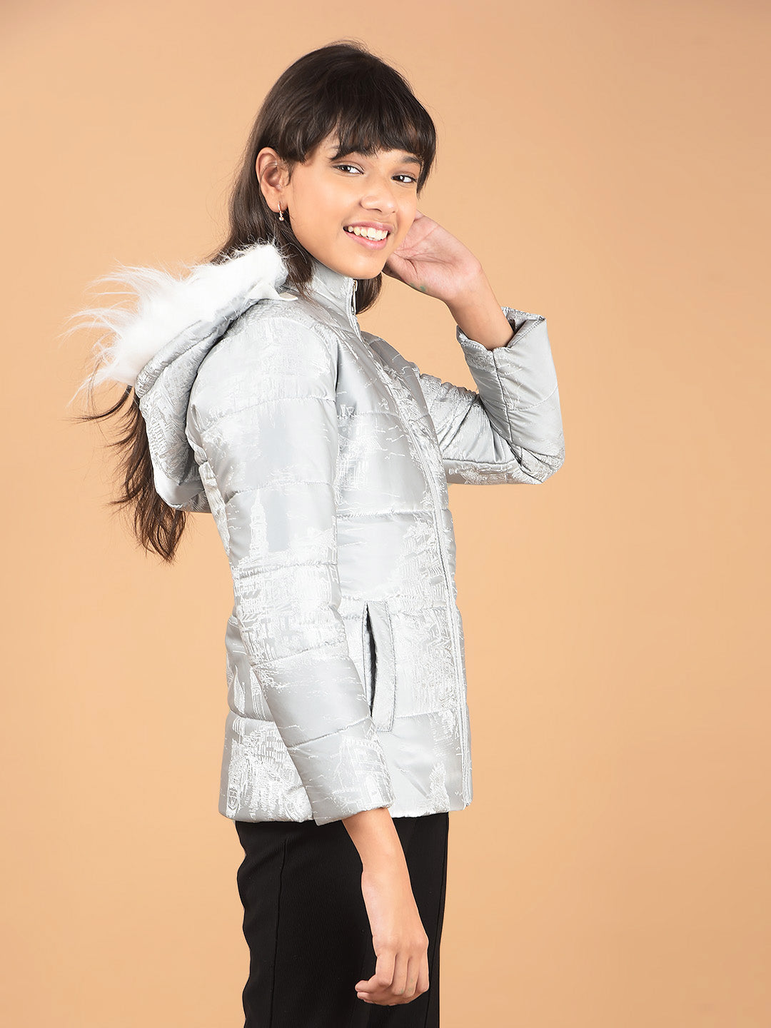 Grey Printed Hooded Neck Padded Jacket-Girls Jackets-Crimsoune Club