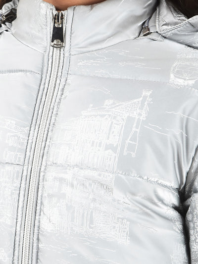 Grey Printed Hooded Neck Padded Jacket