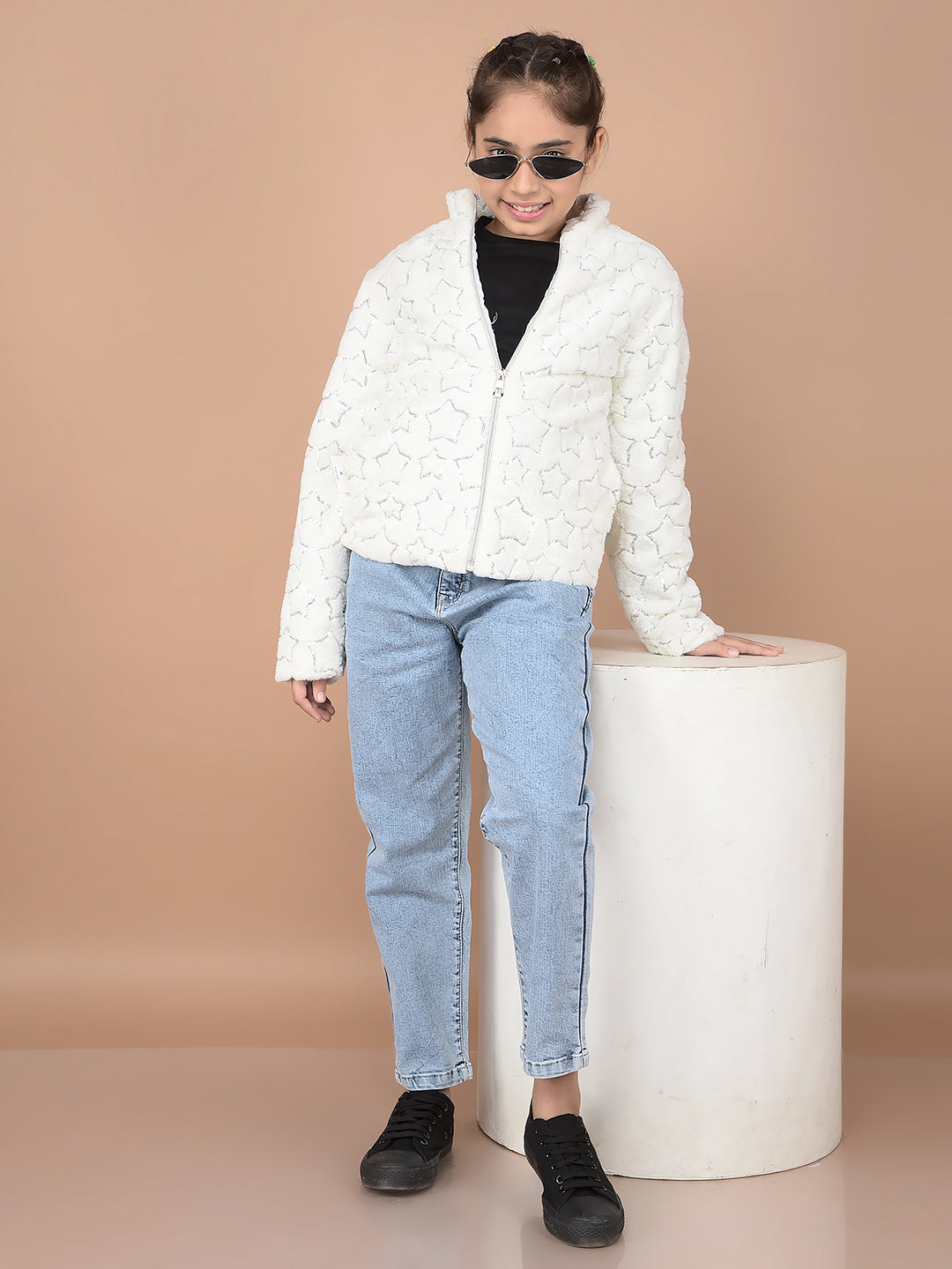 White Embellished High Neck Fur Jacket