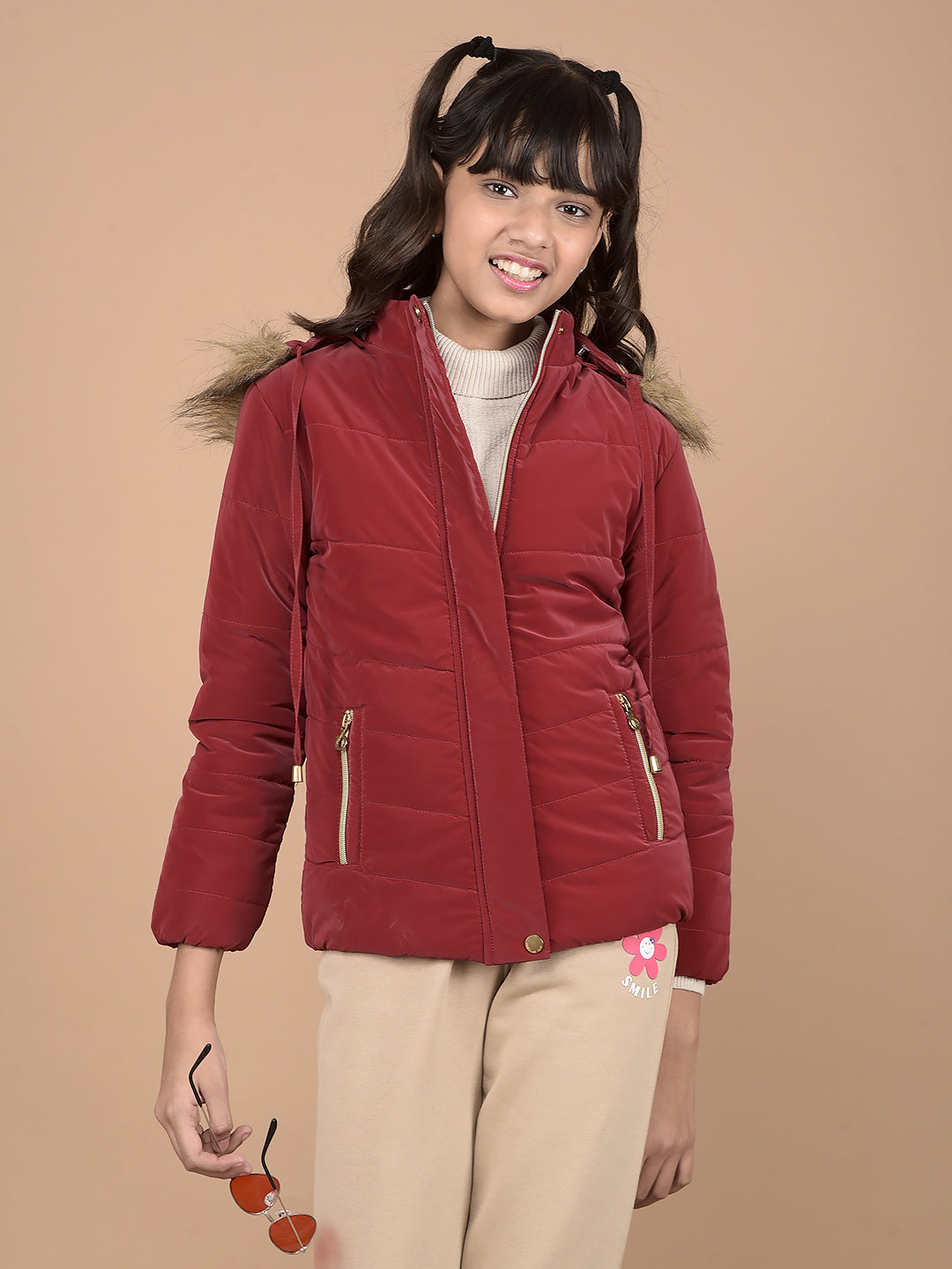 Red Hooded Neck Puffer Jacket