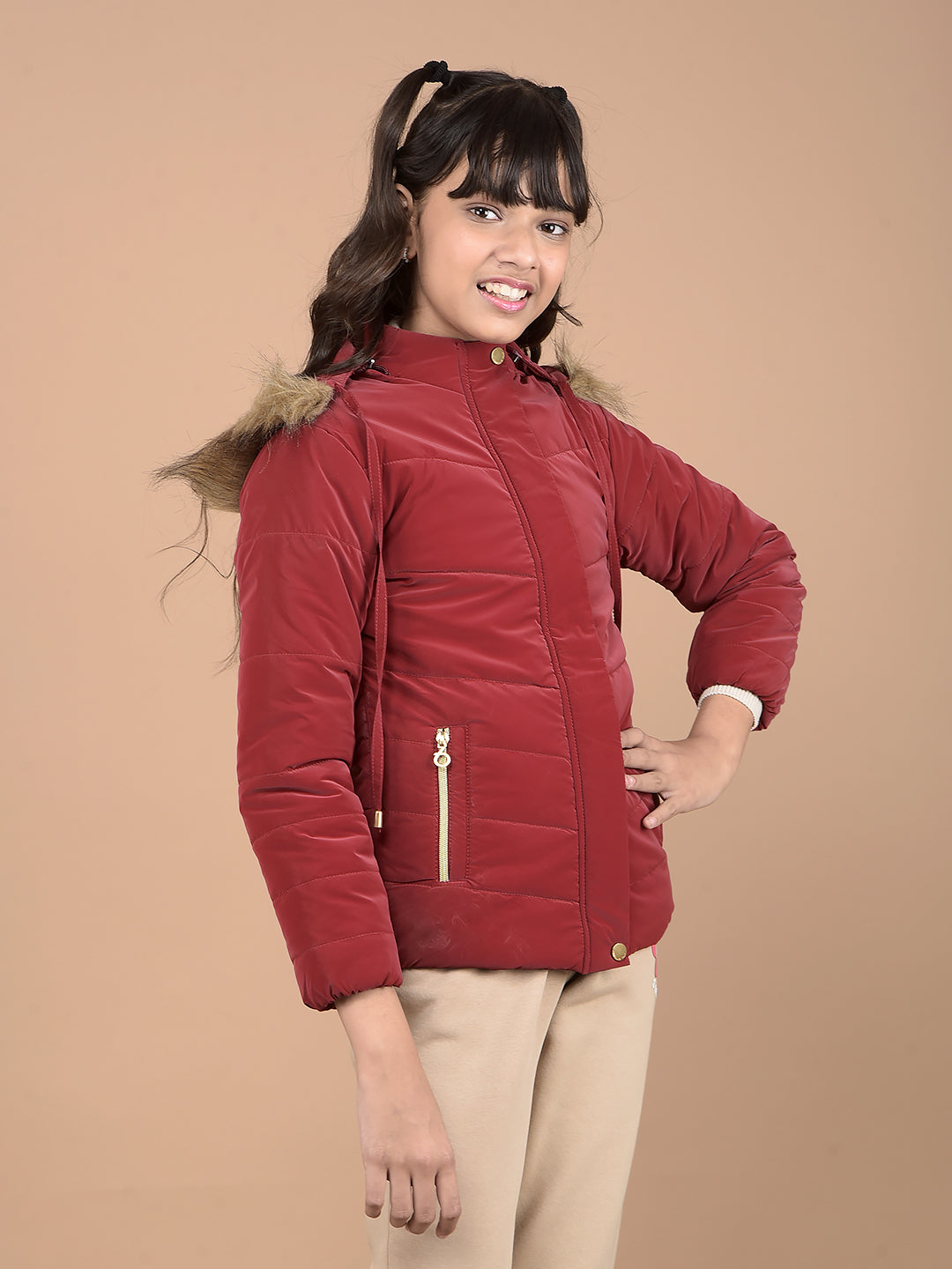 Red Hooded Neck Puffer Jacket