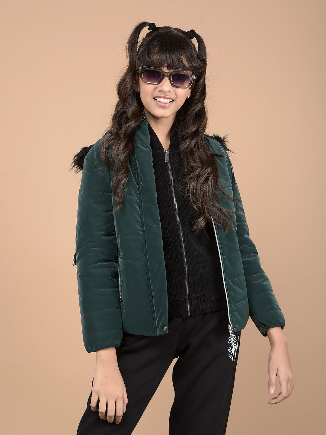 Green Hooded Neck Puffer Jacket