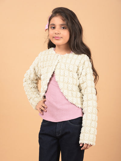 Beige Printed Crop Length Cardigan-Girls Cardigans-Crimsoune Club