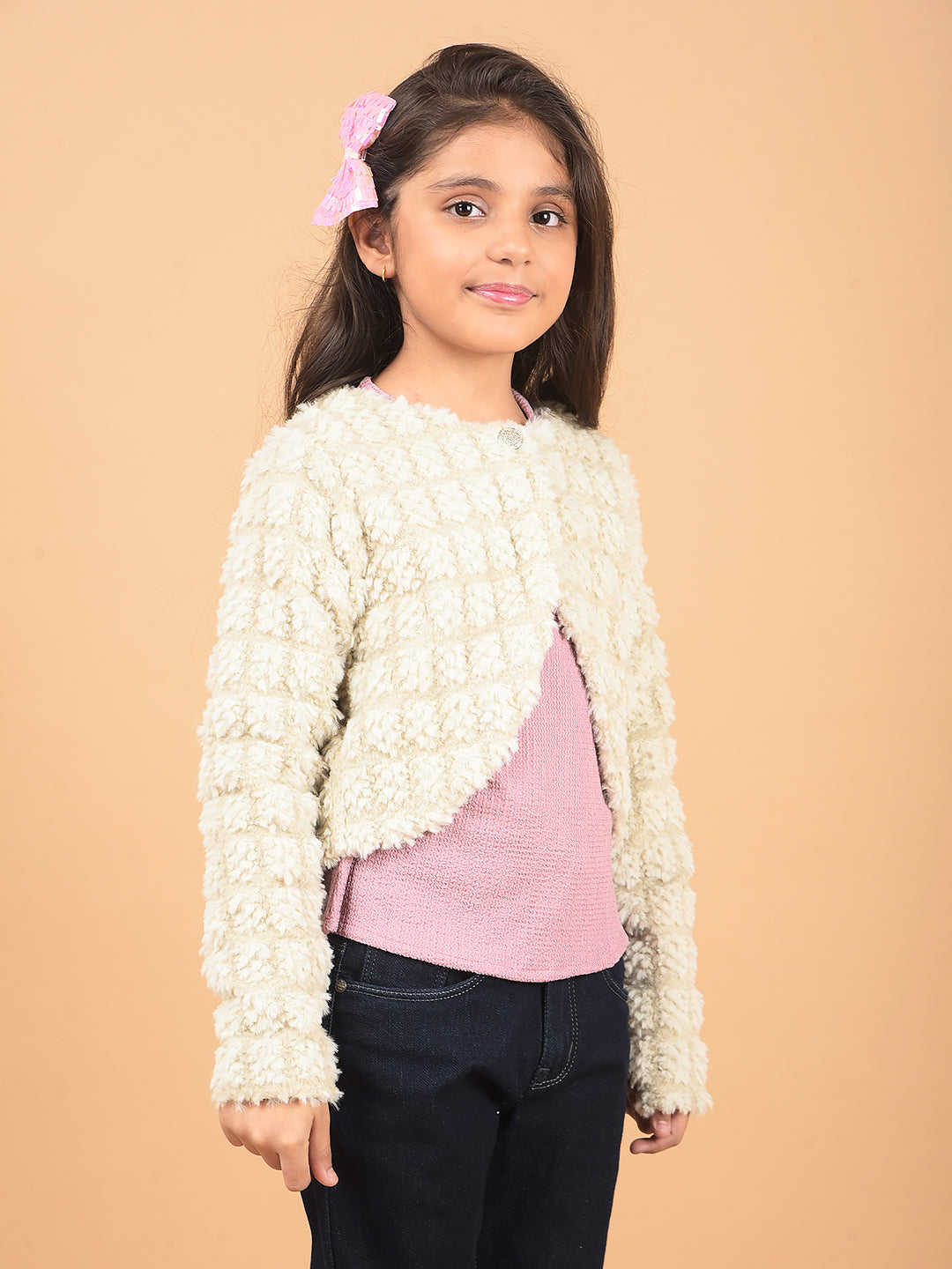 Beige Printed Crop Length Cardigan-Girls Cardigans-Crimsoune Club