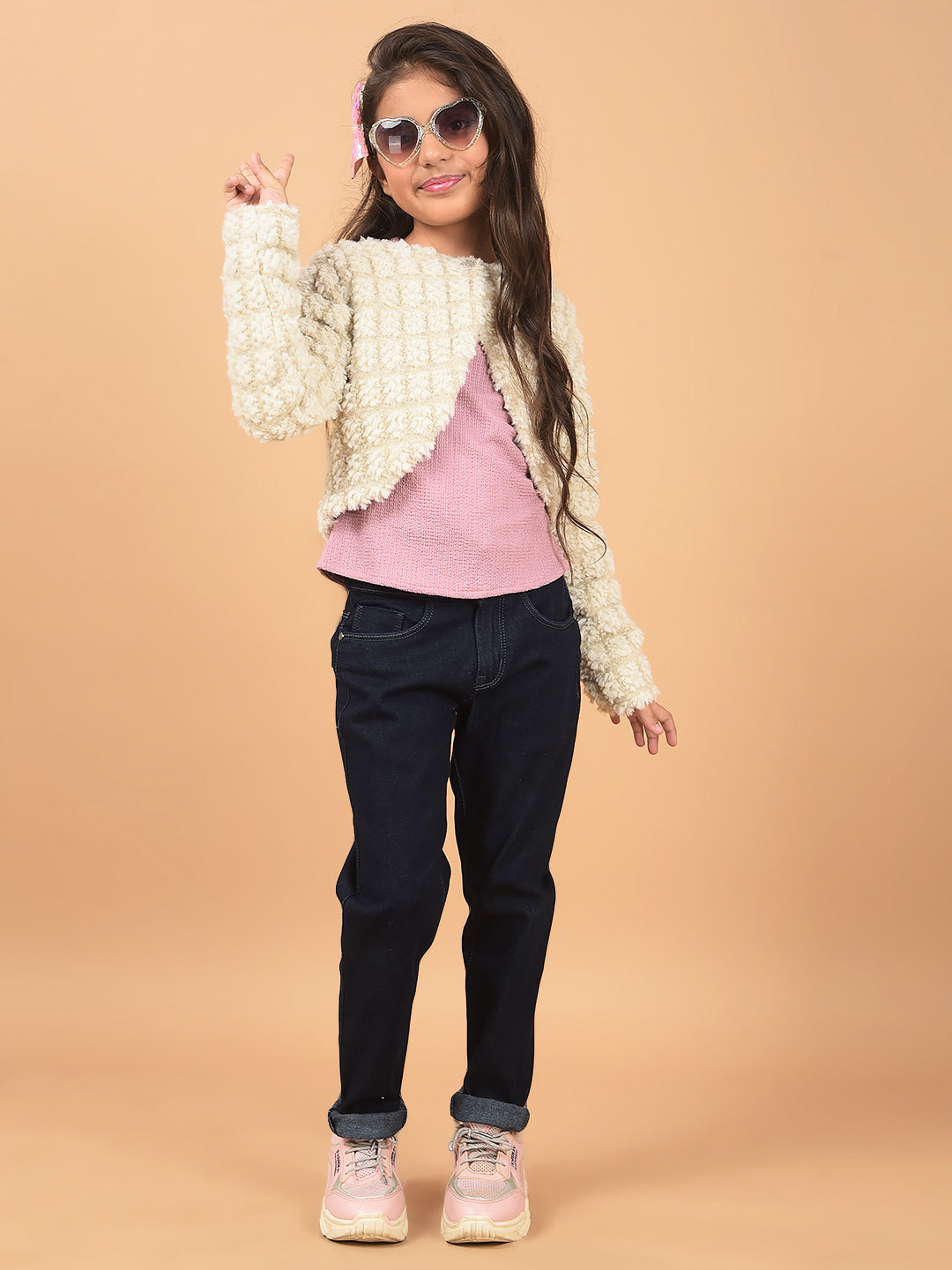 Beige Printed Crop Length Cardigan-Girls Cardigans-Crimsoune Club