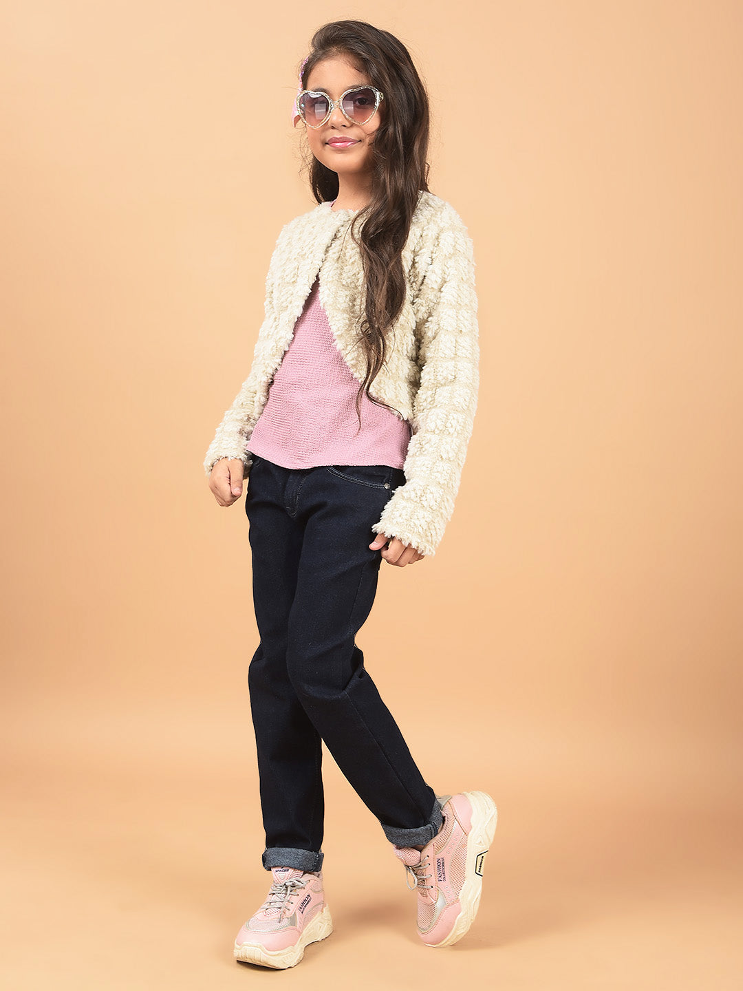 Beige Printed Crop Length Cardigan-Girls Cardigans-Crimsoune Club